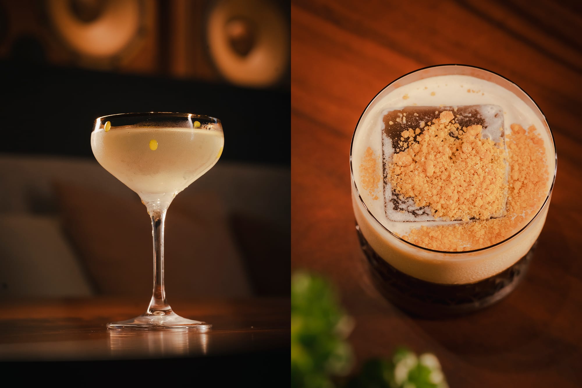 【C’orn Star Martini（写真左）】レシピ：ザ・ボタニスト、焼き芋焼酎、コーン＆トマトブライン、パッションフルーツ、チャービル【Biscuit Einspänner（写真右）】レシピ：ブルックラディ ザ・クラシック・ラディ 10年、ローストトンカビーン、エスプレッソ、イタリアンアマレット、アップサイクルコーヒー、アマーロ、ソルテッドカカオクリーム、ビスケットクランブル