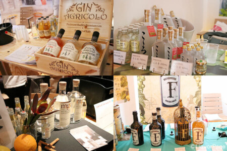 左上から時計回りに、ジン アグリコロ、こころ、メルボルン ジン カンパニー、フェルディナンズのブース。 メイン会場・T-LOTUS、地下1階輸入ジンのフロアにて